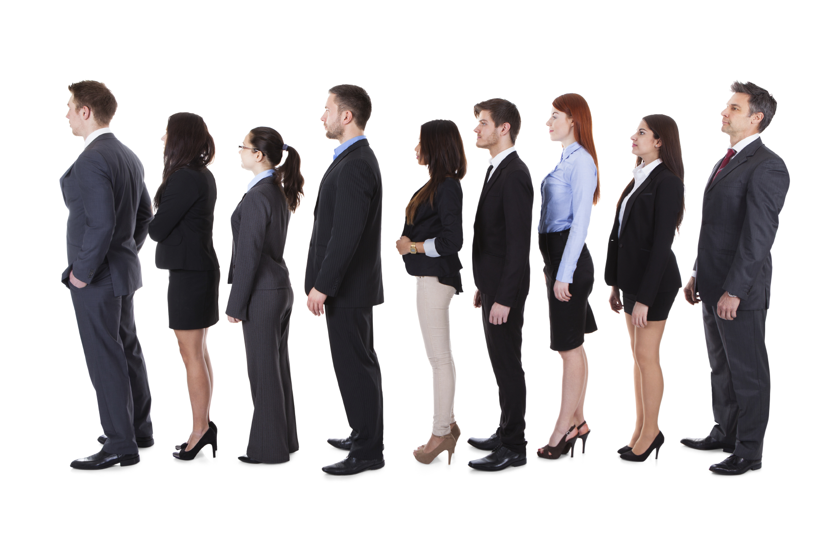 Business people standing in queue over white background